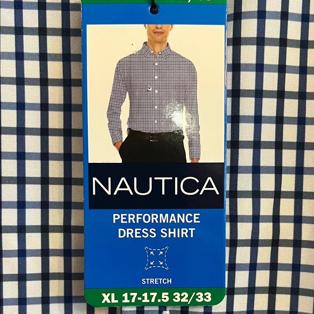 NWT Nautica Men's Blue Plaid Dress Shirt Size XL 17-17.5 32/33